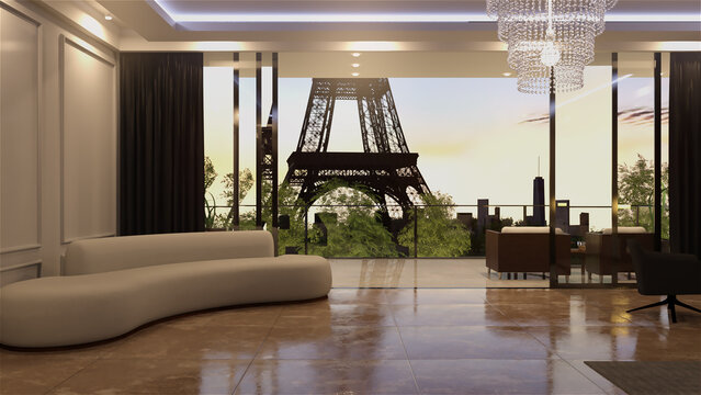 テレビ会議背景用 ZOOM会議背景用 CG 高級ホテル 部屋 窓 パリ 窓からエッフェル塔が見える for using in video conference and as a zoom background.