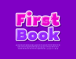 Vector cute emblem First Book with purple Font. Glossy set of Kids style Alphabet Letters, Numbers and Symbols