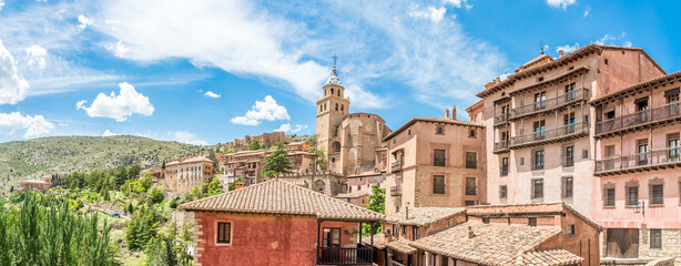 Panoramic view at Albarracin town with Cathedral and city wall, Spain