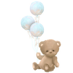 Cute bear illustration with blue balloons
