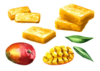 Homemade Mango fruit marmalade, jam, jelly set. Hand drawn watercolor illustration  isolated on white background