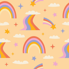 Abstract pattern in the style of the 70s with a rainbow, stars and clouds. Retro vector design. Yellow background. The style of the 60s, 70s, 80s.