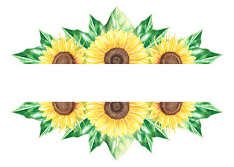 Sunflowers horizontal template. Watercolor vintage illustration. Isolated on a white background.