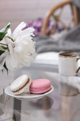 Fototapeta na wymiar Summer vibes – summer dessert on a glass table, macarons, cup of coffee or tea , white flower, stylish rattan sofa, soft pillows, plaid. Elegant accessories in modern decor Copy space