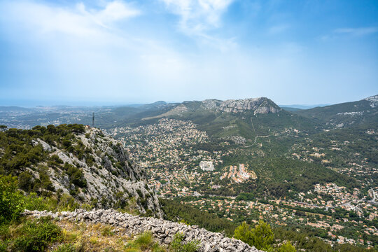panorama view on Dardenne in the Toulon area, Provence Alpes, France. Picture is taken from the Mont Faron. Mont Caume is visible in the background. 