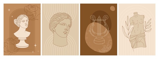 Set of abstract vertical posters with antique goddess statue, abstract shapes, mystical elements and plants. Aphrodite one line art. Illustration for social media, posters, invitation etc. Vector . © CoCoArt_Ua