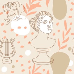 Seamless pattern with antique sculpture of Aphrodite, abstract shape, lira, rose and olive branch. Editable vector illustration for wrapping paper, packaging, fabric, wallpaper etc.