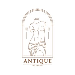 Antique logo with greek sculptures in a minimal liner style. Delicate emblem. Vector icon for handmade products, design studio, beauty salon, boutique etc. Branding.