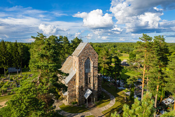 Naklejka premium Aerial summer beautiful view of Stirniai Church, Lithuania