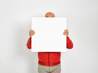 man with blanc banner on white background
