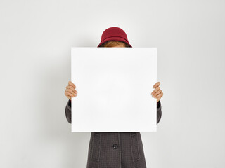 woman with blanc banner on white background