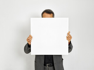 man with blanc banner on white background