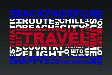 Costa Rica flag shape of travel keywords, travel concept, abroad vacation idea, simple flat design, Costa Rica flag mask on holiday words, tourism banner