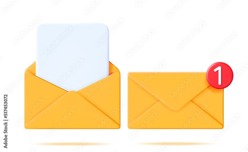 Poster 3d mail envelope with document and notification new message isolated. paper letter icon with notific