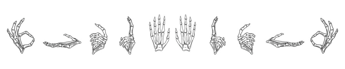 Set of hand drawn skeleton hands in different positions. Vector phalanx bone hands isolated on white background. Tattoo. Occultism, esoteric, spiritual design elements. Death. Mexico. Halloween. - obrazy, fototapety, plakaty