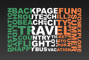 Ireland flag shape of travel keywords, travel concept, abroad vacation idea, simple flat design, Ireland flag mask on holiday words, tourism banner