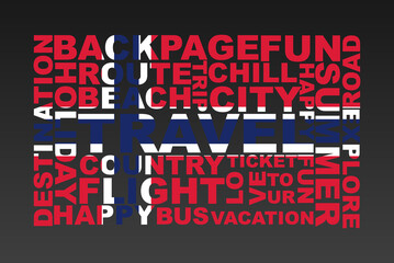 Norway flag shape of travel keywords, travel concept, abroad vacation idea, simple flat design, Norway flag mask on holiday words, tourism banner