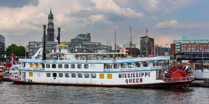 Hamburg, Germany - July 12, 2011 : German Tour paddleboat Mississippi Queen  on Elbe River at Hamburg Harbor