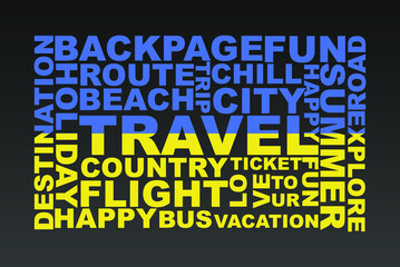 Ukraine flag shape of travel keywords, travel concept, abroad vacation idea, simple flat design, Ukraine flag mask on holiday words, tourism banner