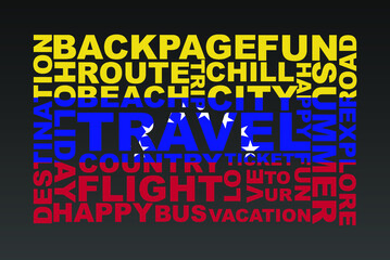 Venezuela flag shape of travel keywords, travel concept, abroad vacation idea, simple flat design, Venezuela flag mask on holiday words, tourism banner
