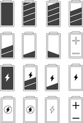 Battery life icon complete set, Battery charge indicator |  simple shape power source running charging flat design