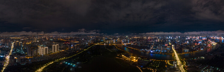 Hubei Wuhan Summer Urban Night Skyline Aerial photography scenery