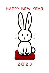うさぎ年の年賀状、正座して挨拶をするウサギ、ユーモラスで可愛い線画