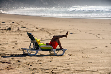 life guard on empty beach, Castelejo beach - Praia do Castelejo, closest beach to Vila do Bispo, Algarve, Portugal, Europe