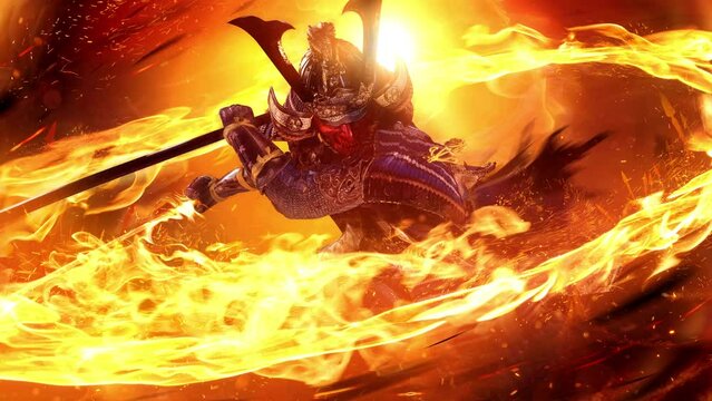 A samurai in a demonic red mask on the battlefield makes a swing with a katana creating a sizzling fire ring around, he is a mystical martial artist against setting sun. clean looped 2d animation