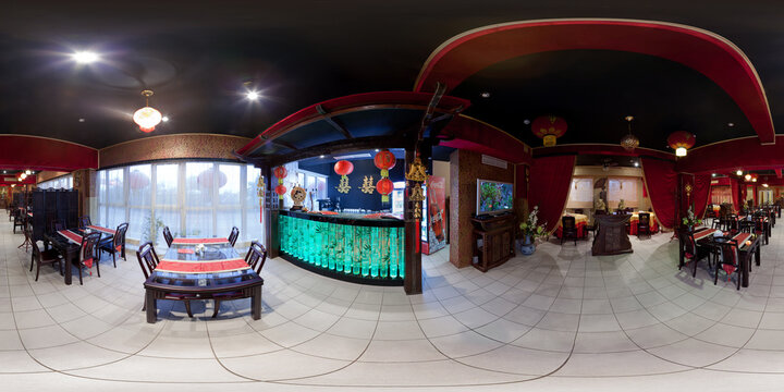 Seamless full spherical 360 degrees panorama in equirectangular projection of chinese style decorated restaurant, empty without people in Tula, Russia - Ocrober 28, 2011