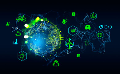 Earth hologram and eco energy hud, technology and resources