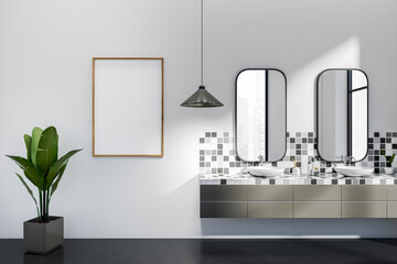 Front view on bright bathroom interior with empty white poster