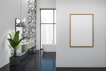 Obraz na płótnie Canvas Stylish bathroom interior with bathtub, sink and panoramic window. Mockup frame