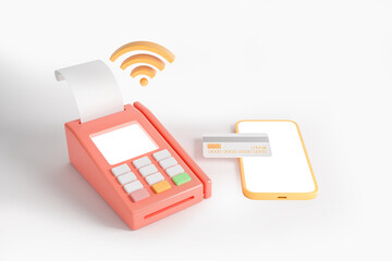 POS terminal with wifi, smartphone and credit card. Mockup copy space