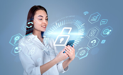 Businesswoman working with phone, cybersecurity hologram with digital icons