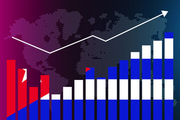 Cuba bar chart graph with ups and downs, increasing values, Cuba country flag on bar graph, upward rising arrow on data, news banner idea, developing country concept