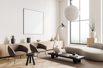 Lounge zone interior with chairs and couch, panoramic window and mockup canvas