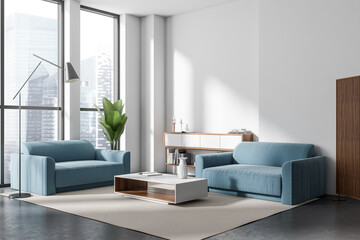 Light relax room interior with two couch, panoramic window. Mockup