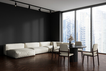 Grey relax interior with couch, eating zone and panoramic window. Mockup