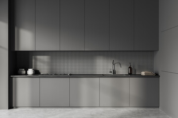 Grey kitchen interior with hidden cabinets and kitchenware