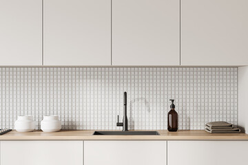 Light kitchen set interior with sink and kitchenware