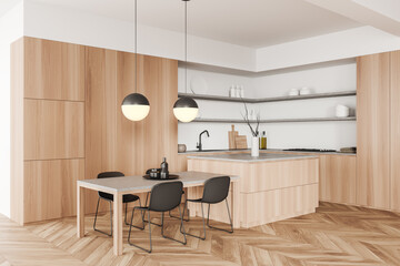 Fototapeta na wymiar Light kitchen interior with countertop, table and seats, shelf with kitchenware