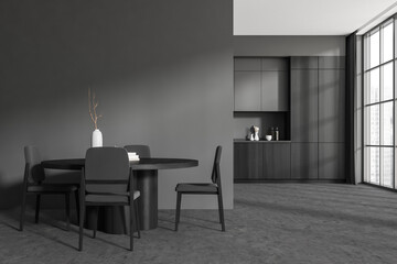 Grey kitchen interior with eating table and chairs, panoramic window. Mockup