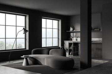 Grey kitchen interior with couch and bar countertop, panoramic window