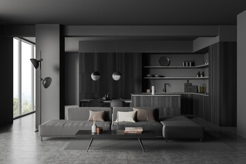 Grey kitchen interior with couch and eating area, panoramic window