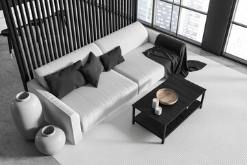 Fototapeta premium Top view on dark studio room interior with sofa, barstool