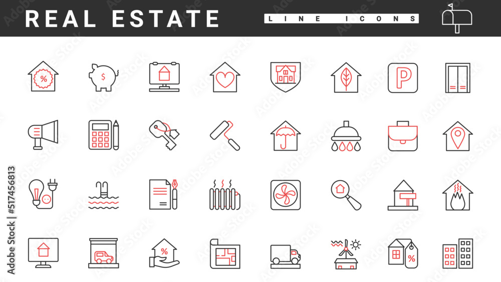 Wall mural house and home apartment rent, mortgage and sale thin red and black line icons set vector illustrati