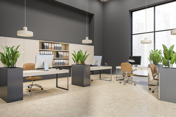 Corner view on bright office interior with panoramic windows