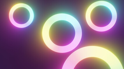 Naklejka premium Spinning Glowing Neon Rainbow Rings Circles Rotating Float Neon Light - Abstract Background Texture