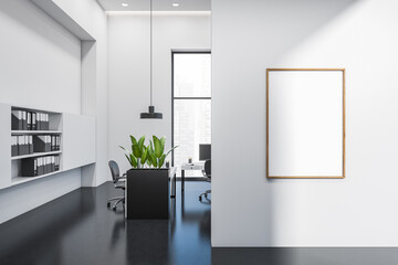Front view on bright office interior with empty white poster